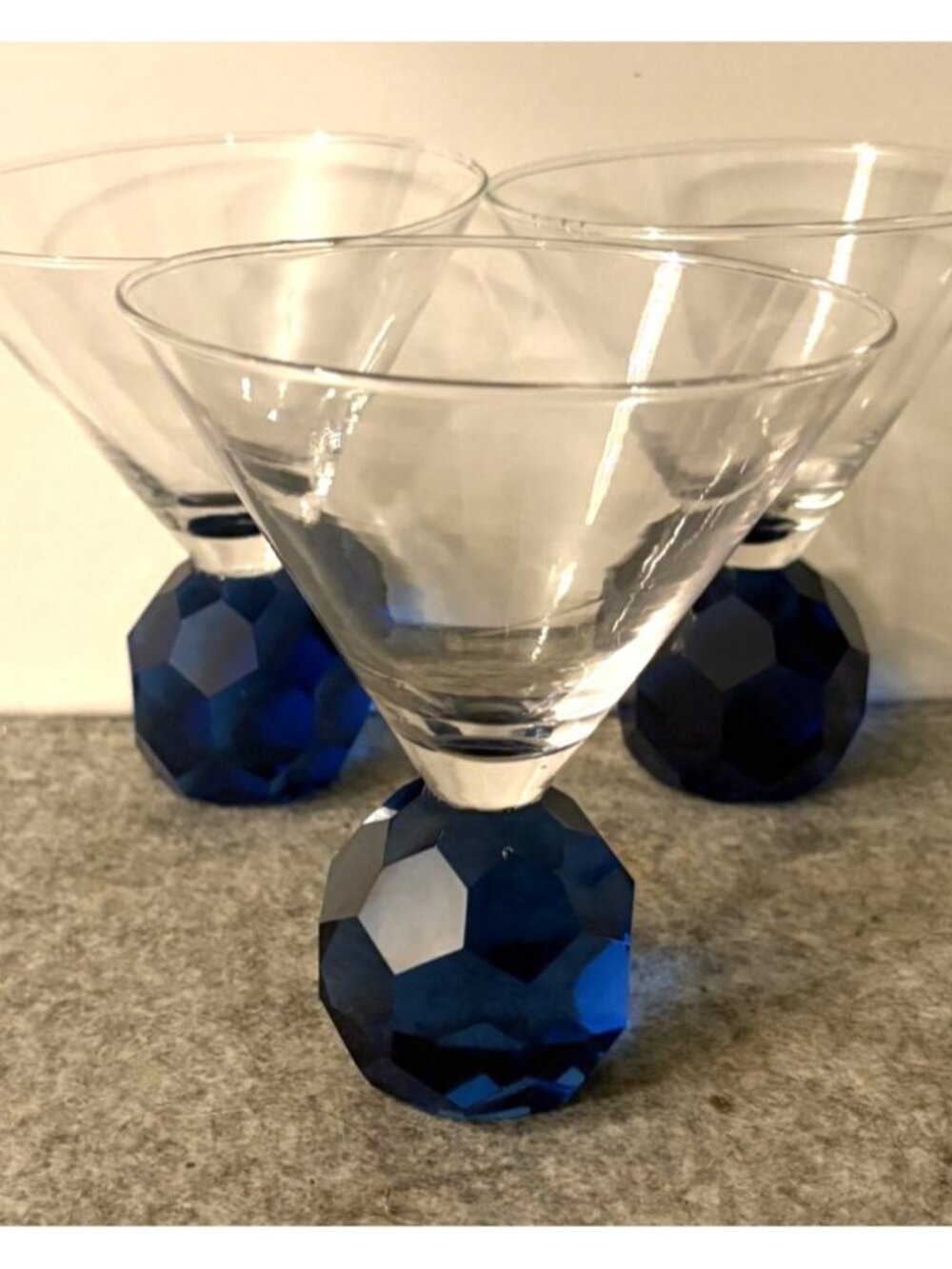 Set of 3 Blue Faceted Diamond Ball Based Martini Glasses  5.25" Tall  #3344